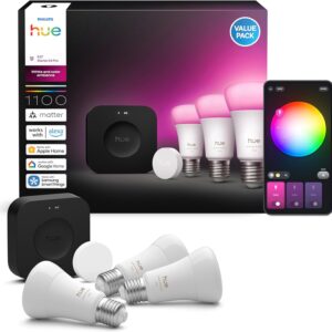 Philips Hue Bridge Pro + Smart Button + 3 A60 E27 Smart Lamps, White and Colour Ambiance, Smart Light
