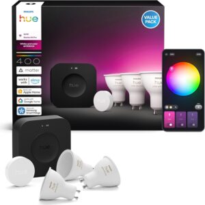 Philips Hue Bridge Pro Starter Kit + 3 GU10 Smart Spots + Smart Button, White and Colour Ambiance, Smart Light Hub, Compatible with Apple Home, Amazon Alexa.