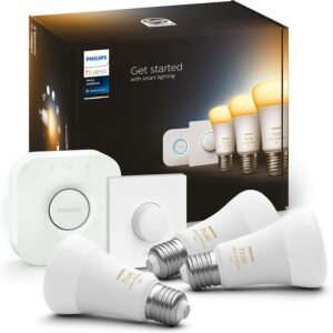 Philips Hue White Ambiance E27 Starter Set Including Smart Button, Dimmable, All White Shades, Controllable via App,